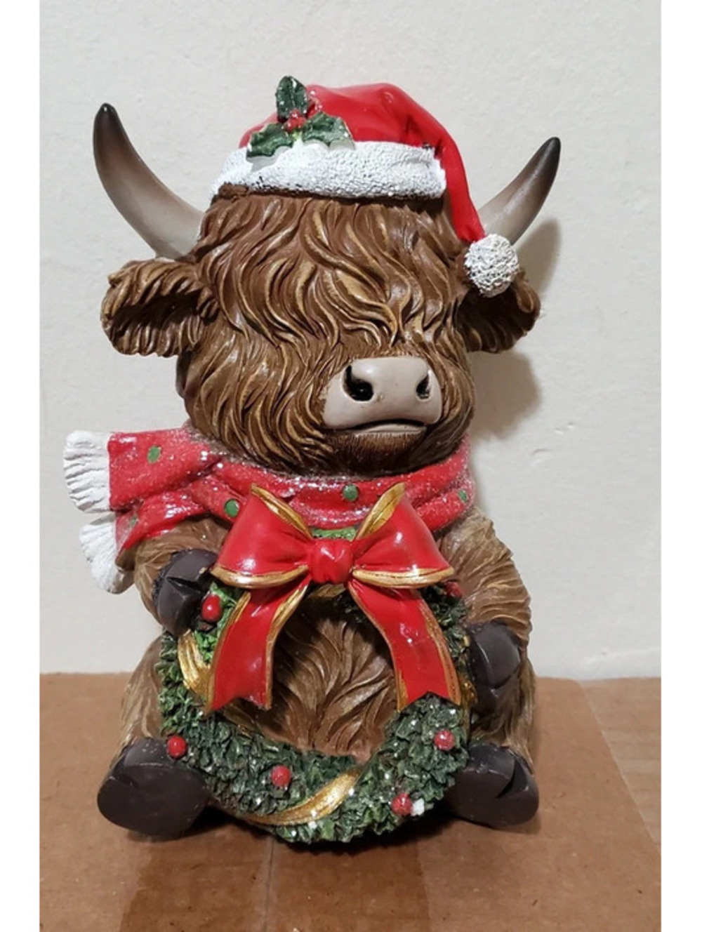 Hobby Lobby Christmas Highland Cow Figurine Santa Hat & Wreath